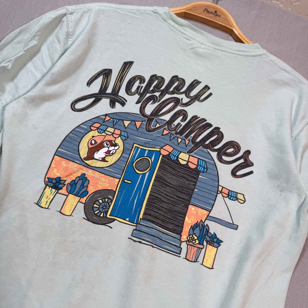 Comfort Colors Buc-ees Happy Camper Graphic Tee Mint Green Small Retro Gorpcore